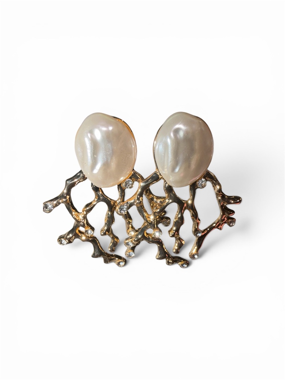 Gold Coral Drop Earrings with Pearl Disc
